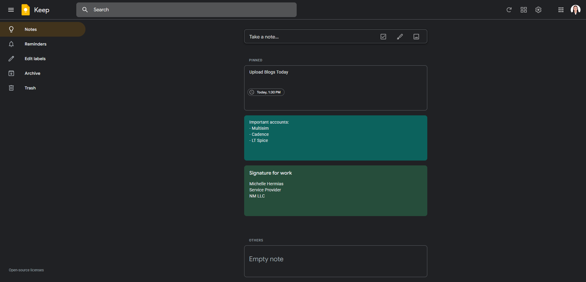 Google Keep screenshot